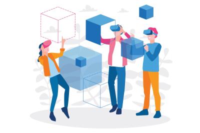 Man and woman wearing virtual reality headset and looking at abstract VR world. Vector illustration for web  