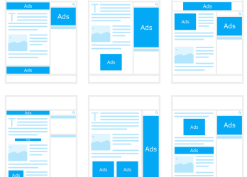 Layout of several web pages with possible ad placement areas highlighted in Blueprints