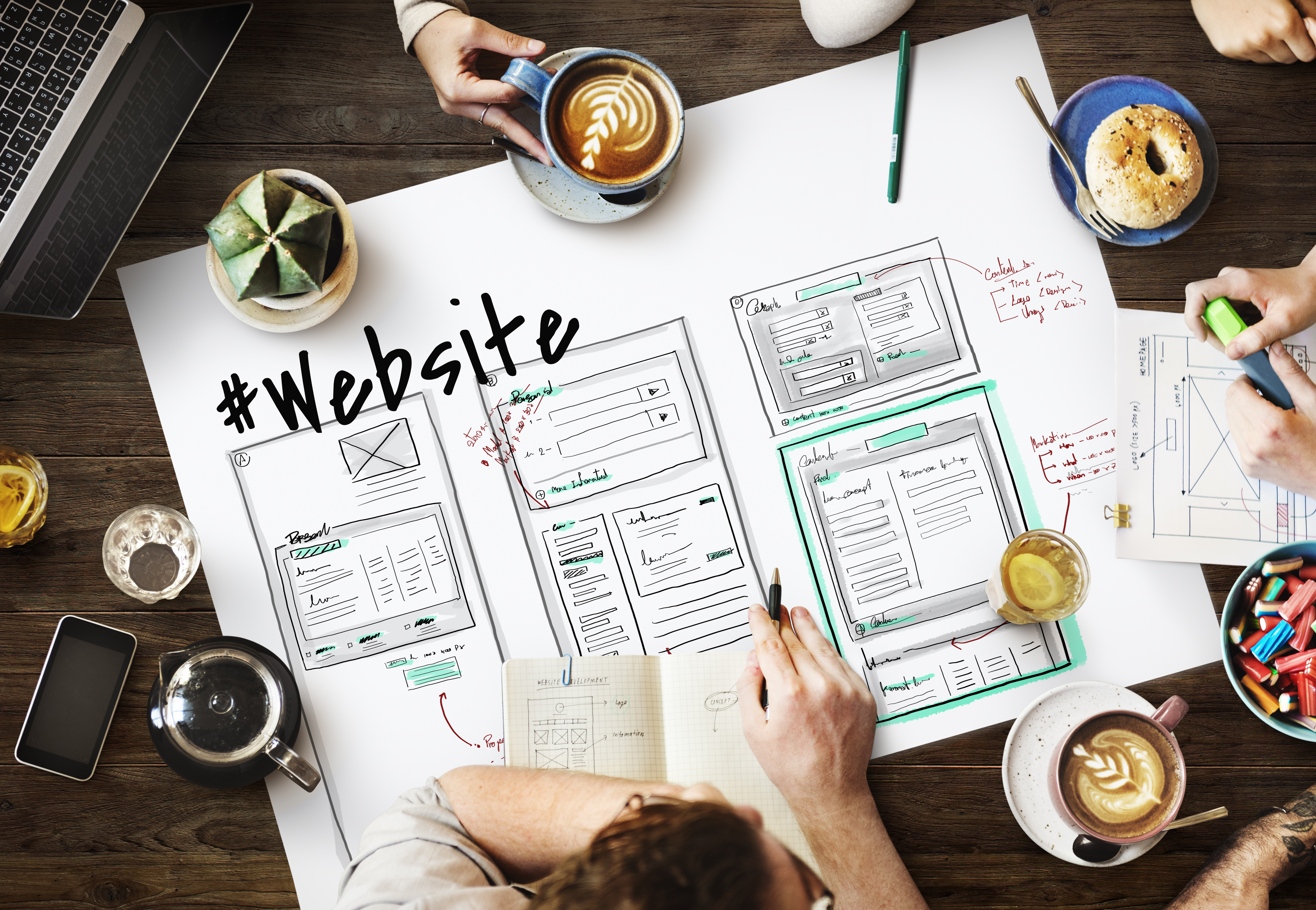 Bird's-eye view of a website planning meeting, with coffee and website page layouts
