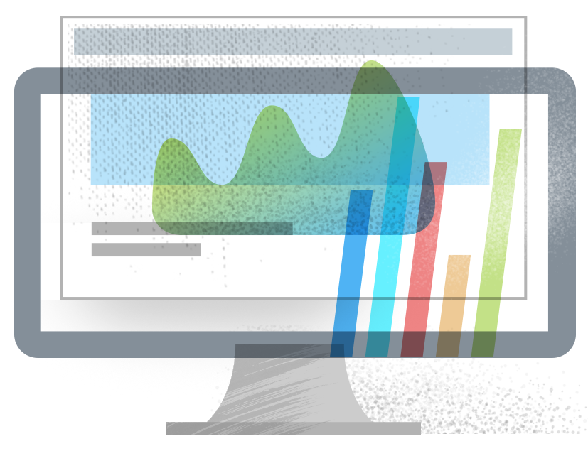 Drawn computer monitor featuring different kinds of graphs