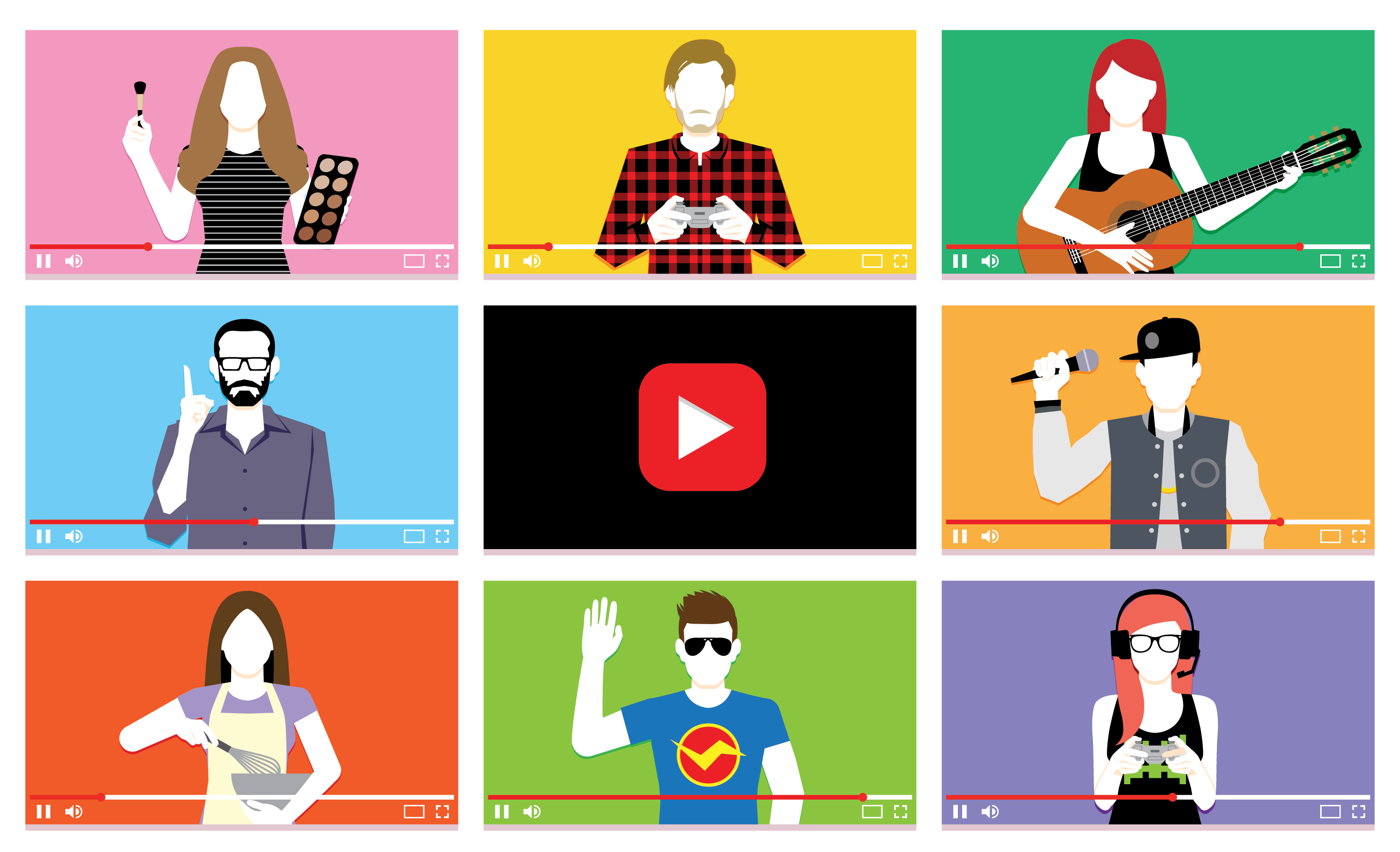 3x3 grid of illustrated youtube videos, different avatars are doing different things from gaming to cooking and the middle video is YouTube's play logo