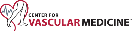 Logotype for Center for Vascular Medicine, name of business plus simple heart outline containing an echocardiogram & a pair of legs