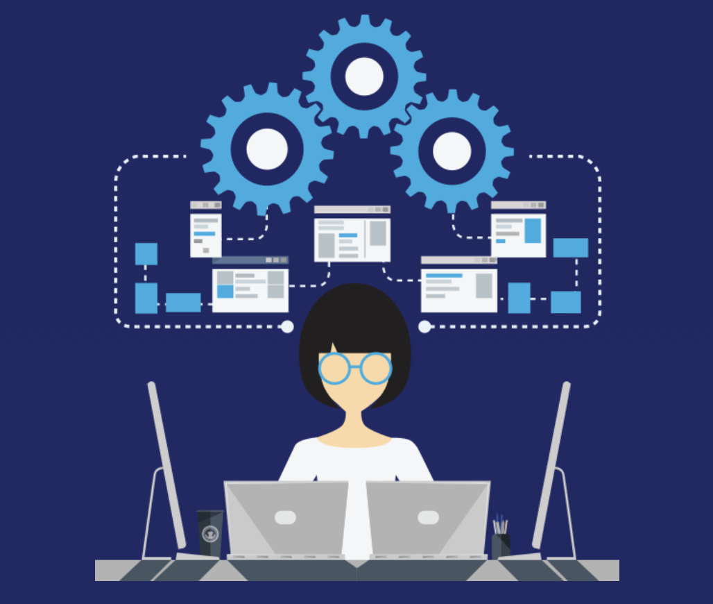 Dynaxys Hero graphic - woman works with dual computer monitors with files and gears working over her head