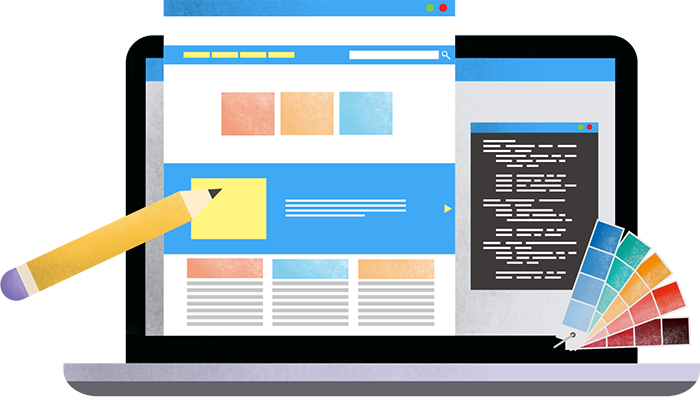 Website Redesign graphic of a computer, website with colorful boxes, and a pencil pointing at the screen.