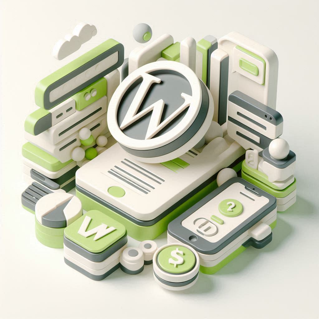 A 3D style trendy and modern image representing the topic 'How much does a Wordpress Website Cost' with a light green, white, and gray color scheme