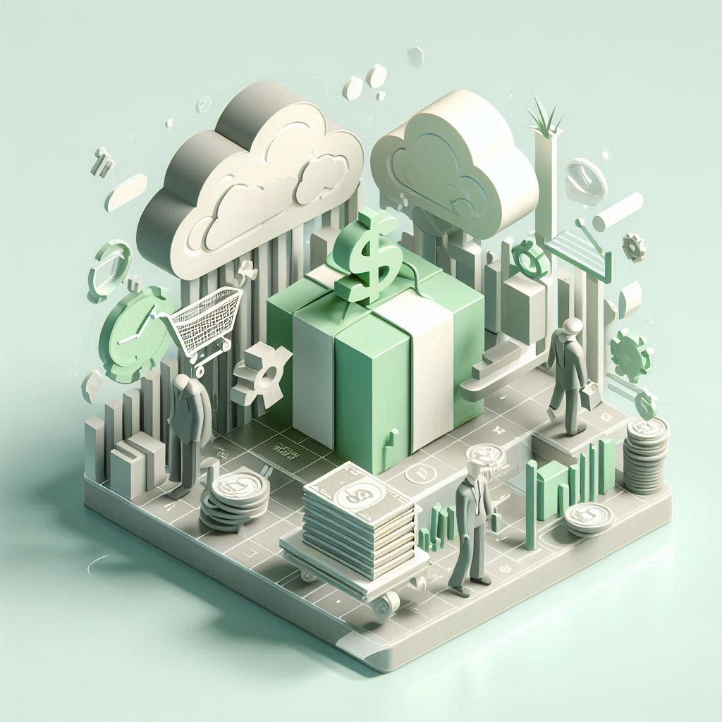 A 3D style trendy and modern image representing the blog subtopic 'What is the best e-commerce website pricing' with a light green, white, and gray color scheme