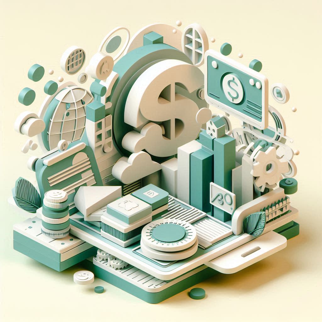 A 3D style trendy and modern image representing the blog 'How much does a custom website cost in 2024' with a light green, white, and gray color scheme