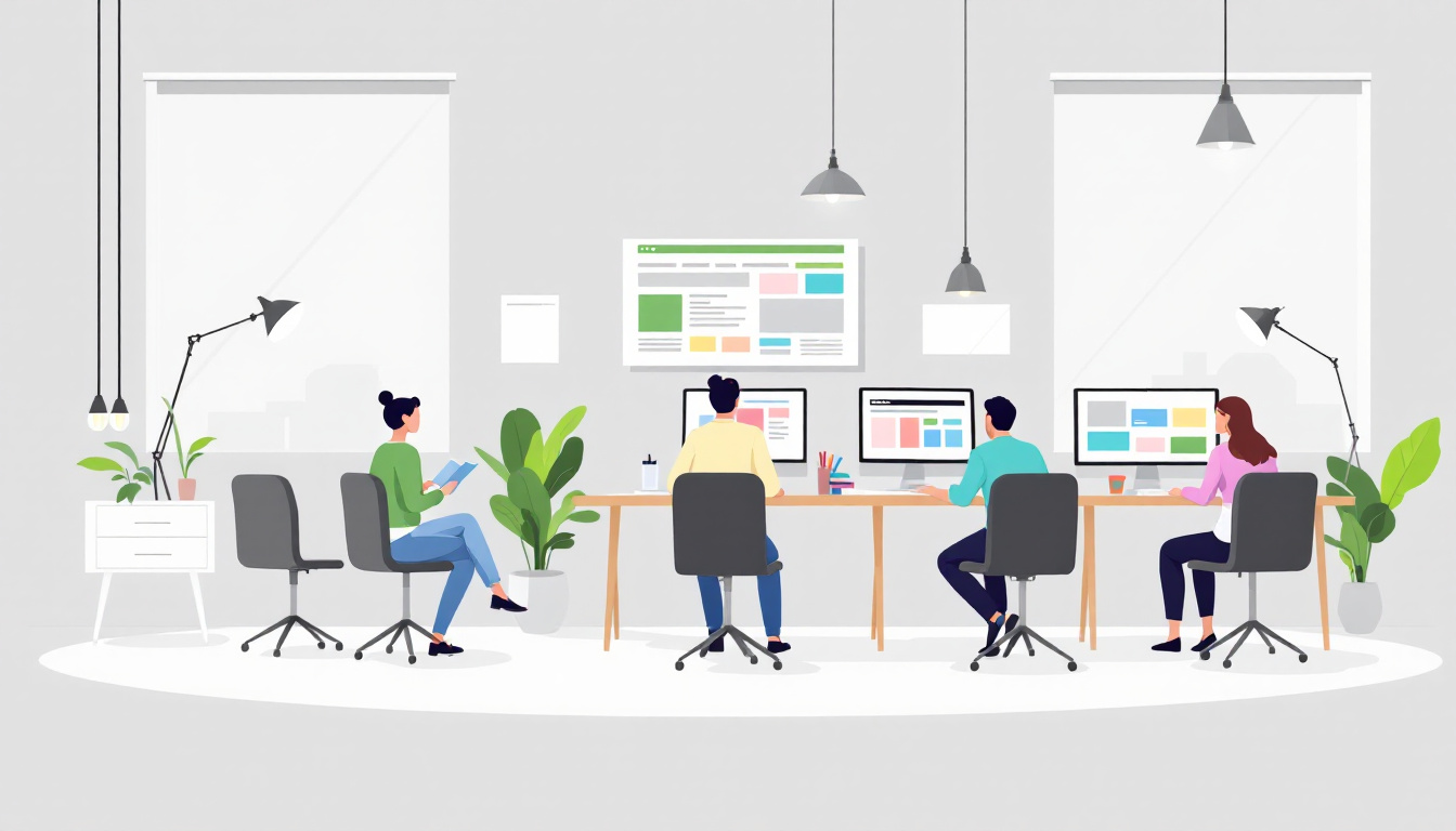 Creative team working together in a bright, professional studio with screens showcasing website projects. The overall look is clean, energetic, and visually engaging.