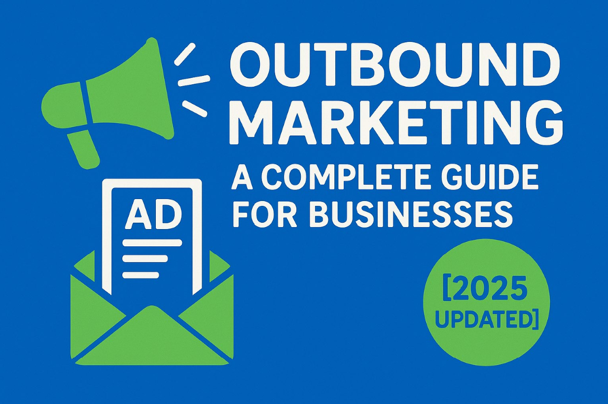 Flat-style digital graphic titled &quot;Outbound Marketing: A Complete Guide for Businesses [2025 Updated]&quot; featuring a green megaphone emitting sound waves, a green envelope with an ad icon, and bold white text on a blue background. The design highlights traditional and digital marketing themes in ImageWorks Creative brand colors.