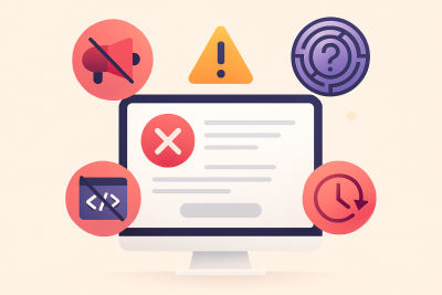 A clean, modern 2D digital illustration showing a computer monitor with a landing page displaying error icons like a red "X" and a yellow exclamation mark. Surrounding the screen are four circular icons representing common issues such as broken communication, navigation problems, code errors, and slow loading, all set against a soft beige gradient background
