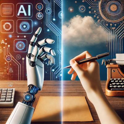 split-image depicting the contrast between AI-generated and human-edited content. On the left, a robotic hand interacts with a futuristic digital interface, symbolizing artificial intelligence. On the right, a human hand holds a pen, representing creativity, refinement, and human touch. 