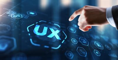 Futuristic UX design interface highlighting key principles for website conversions, with a hand interacting with digital elements.