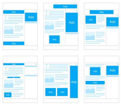 Layout of several web pages with possible ad placement areas highlighted in Blueprints