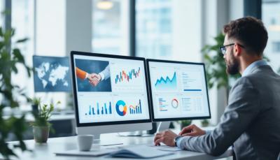 modern office analyzing charts and digital graphs on screens, representing a full-service marketing agency at work.