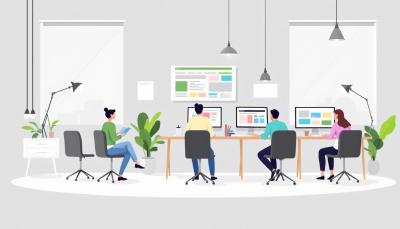 Creative team working together in a bright, professional studio with screens showcasing website projects. The overall look is clean, energetic, and visually engaging.