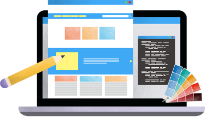 Website Redesign graphic of a computer, website with colorful boxes, and a pencil pointing at the screen.