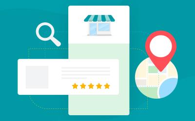 Image depicting the google SERP and Google Business Profile with a map pin for location and stars for reviews and search icon for getting found