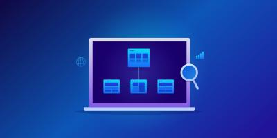 Digital marketing, search engine optimization, and sitemaps for websites: conceptual vector illustration of computer with site map image, dark background