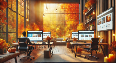 a large creative agency office with designers working on refreshing web design with a beautiful warm tone and view of the autumn fall foliage out the windows