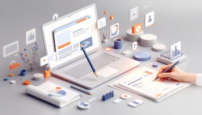A 3D illustration of modern web design, featuring laptop screens displaying sleek website layouts, floating user interface components, secure lock icons, and design tools like pencils and grids. The professional tones of white, gray, and blue emphasize credibility, trust, and innovation in online design.