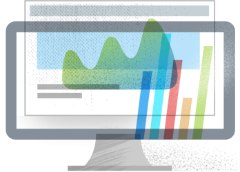 Drawn computer monitor featuring different kinds of graphs