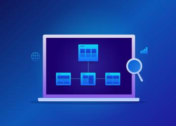 Digital marketing, search engine optimization, and sitemaps for websites: conceptual vector illustration of computer with site map image, dark background