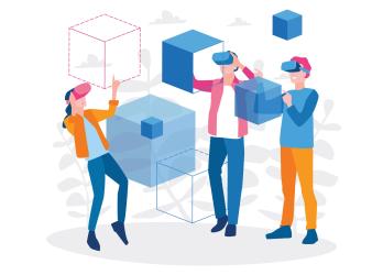 Man and woman wearing virtual reality headset and looking at abstract VR world. Vector illustration for web  