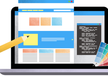Website Redesign graphic of a computer, website with colorful boxes, and a pencil pointing at the screen.
