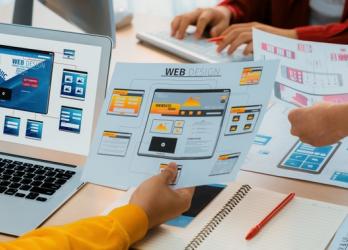 Depiction of several creative agency workers at a table strategizing web design and innovations