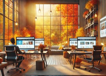 a large creative agency office with designers working on refreshing web design with a beautiful warm tone and view of the autumn fall foliage out the windows