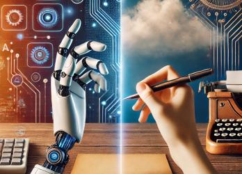 split-image depicting the contrast between AI-generated and human-edited content. On the left, a robotic hand interacts with a futuristic digital interface, symbolizing artificial intelligence. On the right, a human hand holds a pen, representing creativity, refinement, and human touch. 