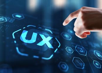 Futuristic UX design interface highlighting key principles for website conversions, with a hand interacting with digital elements.
