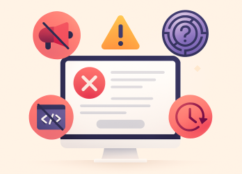 A clean, modern 2D digital illustration showing a computer monitor with a landing page displaying error icons like a red "X" and a yellow exclamation mark. Surrounding the screen are four circular icons representing common issues such as broken communication, navigation problems, code errors, and slow loading, all set against a soft beige gradient background