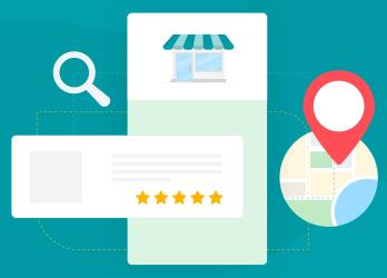 An image showing the Google SERP, along with the Google Business Profile featuring a map pin for location, stars for reviews, and a search icon for visibility.