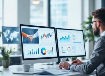 modern office analyzing charts and digital graphs on screens, representing a full-service marketing agency at work.