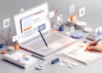 A 3D illustration of modern web design, featuring laptop screens displaying sleek website layouts, floating user interface components, secure lock icons, and design tools like pencils and grids. The professional tones of white, gray, and blue emphasize credibility, trust, and innovation in online design.