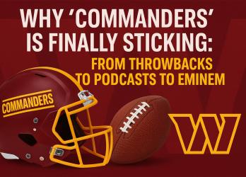 Image of text against red with a football and helmet saying From “New Name” to Culture Staple: Why the ‘Commanders’ Brand Is Here to Stay