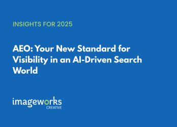 Blue blog image with the text: AEO: Your New Standard for Visibility in an AI-Driven Search World