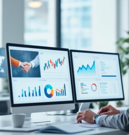 modern office analyzing charts and digital graphs on screens, representing a full-service marketing agency at work.
