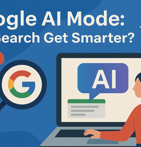 Graphic of a woman using a computer with google's new AI mode on the computer monitor and a magnifying eyeglasses with the google logo. it shows a title at the top that reas: google ai mode: did search get smarter?"