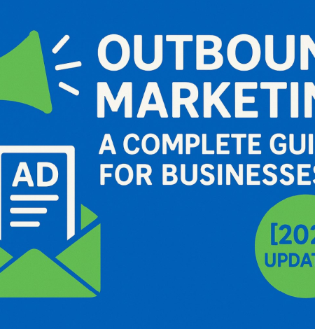 Flat-style digital graphic titled "Outbound Marketing: A Complete Guide for Businesses [2025 Updated]" featuring a green megaphone emitting sound waves, a green envelope with an ad icon, and bold white text on a blue background. The design highlights traditional and digital marketing themes in ImageWorks Creative brand colors.